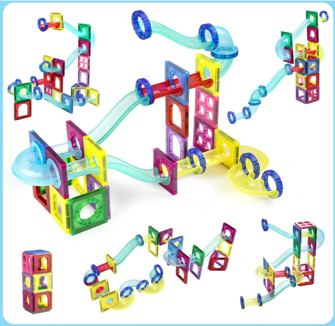 Marble run with magnetic connectors, Magnetic building elements for marbles, Magnetic roller coaster for marbles, Marble run with magnetic twists,